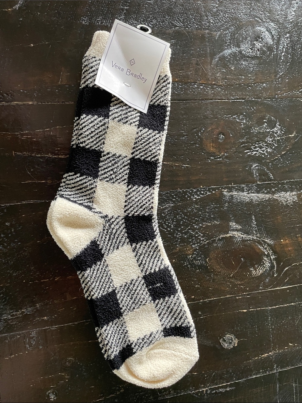 Vera Bradley Black and Cream Check Plush Casual Socks